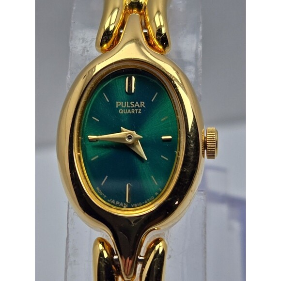 Vintage Pulsar V810 6410 Green Dial Gold Tone Womens Quartz Watch New Battery - Picture 4 of 11